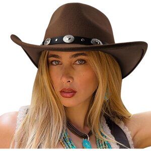 Women's Brown Western With Braided Band Buckle Classic Fedora Felt Cowboy Hat